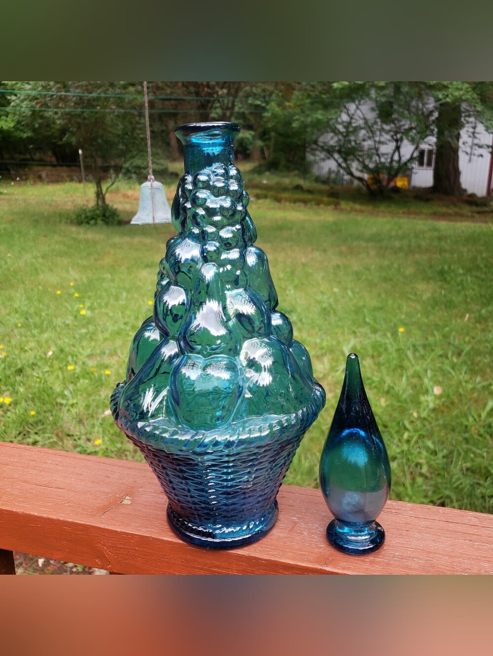 Vintage Italian Blue Glass "Genie" Bottle W/ Fruit Basket Design - BROKEN TOP